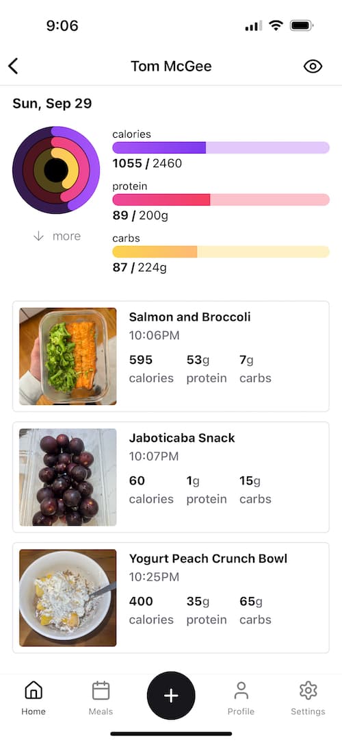 Showing meal history and daily totals